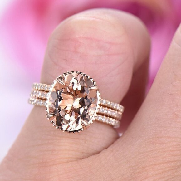 3 pcs/set Rose Gold Oval Bridal Wedding/Engagement Ring Set, VIP241 - Picture 7 of 8